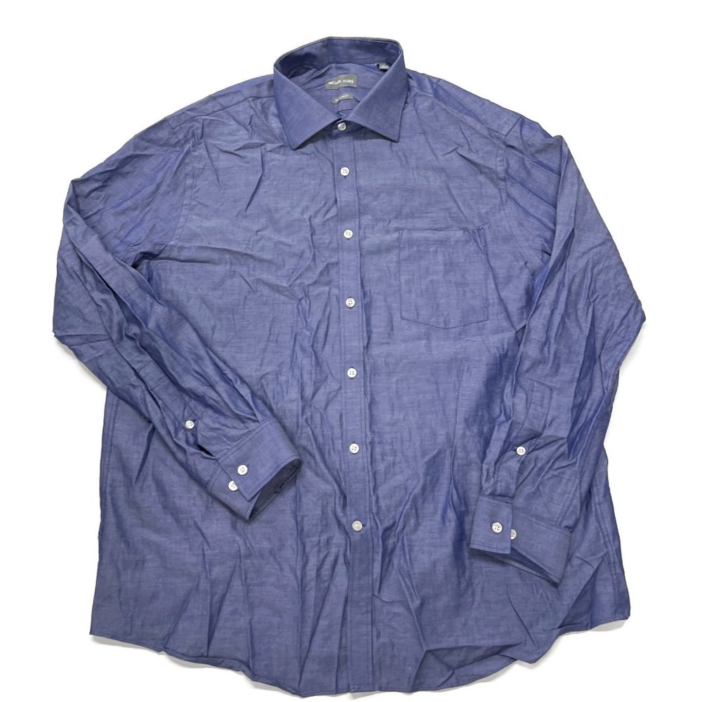 Michael Kors Mens Button Up Shirt Mens XL 17 17.5 34 35 Blue Long Sleeve